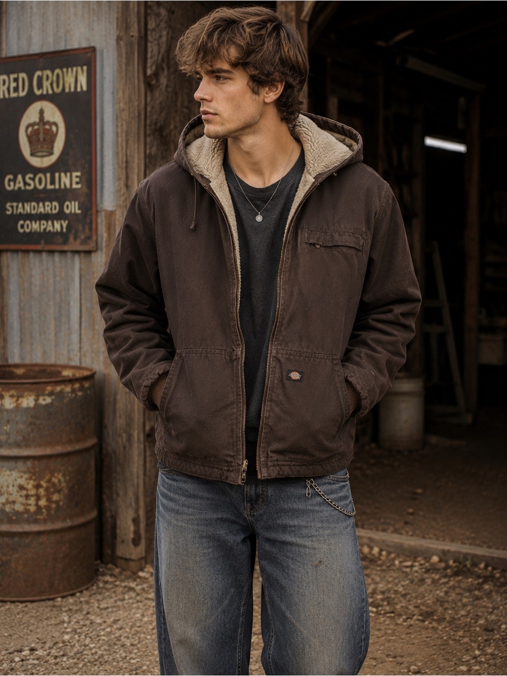 Dickies Sherpa Lined Brown Duck Canvas Hooded Work Jacket XL
